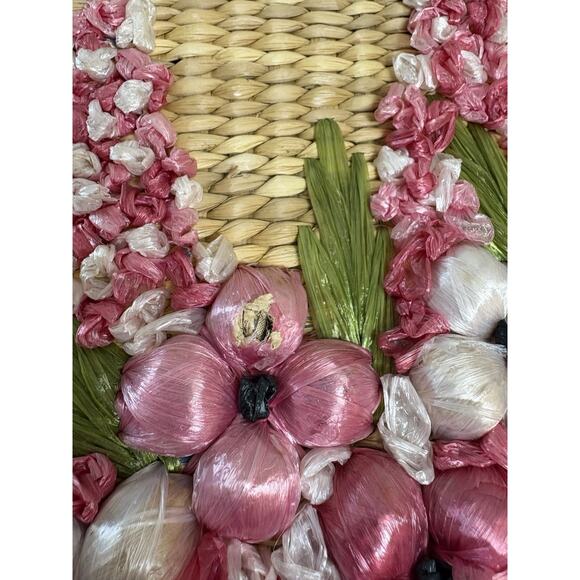 Mantessa Woven Straw Raffia Flower Tote Bag Pink White Boho Cottagecore - Picture 13 of 13